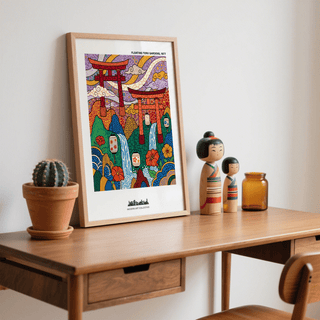 Print leaning on a wooden desk with Japanese garden art print of floating torii gates and vivid colours with a cactus and Japanese dolls