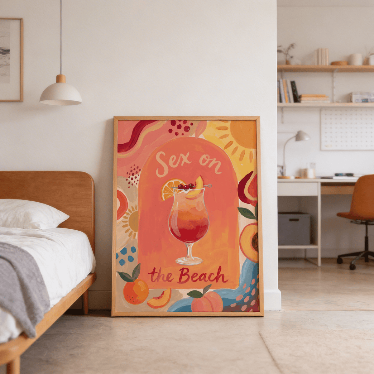 Colorful Drink Poster leaning on floor with bright red and orange watercolour cocktail scene in bedroom