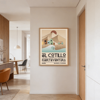 El Cotillo Surfing Poster framed print with soft earth tones and a wave in a neutral hallway
