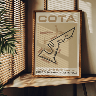 Framed Race Track Map Poster leaning on a wooden shelf with sunlight and a plant nearby