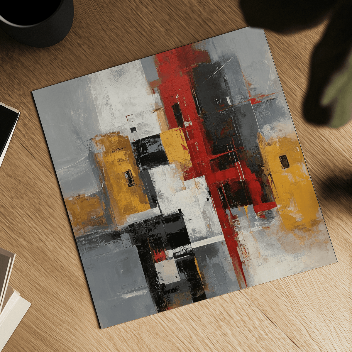 Red and yellow abstract poster with geometric shapes on a wood surface next to a dark pot