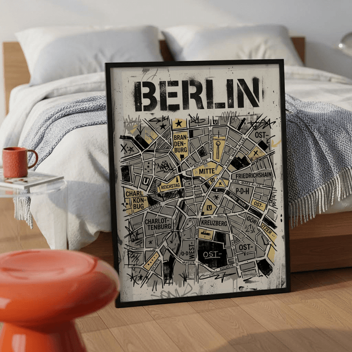 Print leaning on floor of Berlin City Map wall art in black frame with orange stool nearby