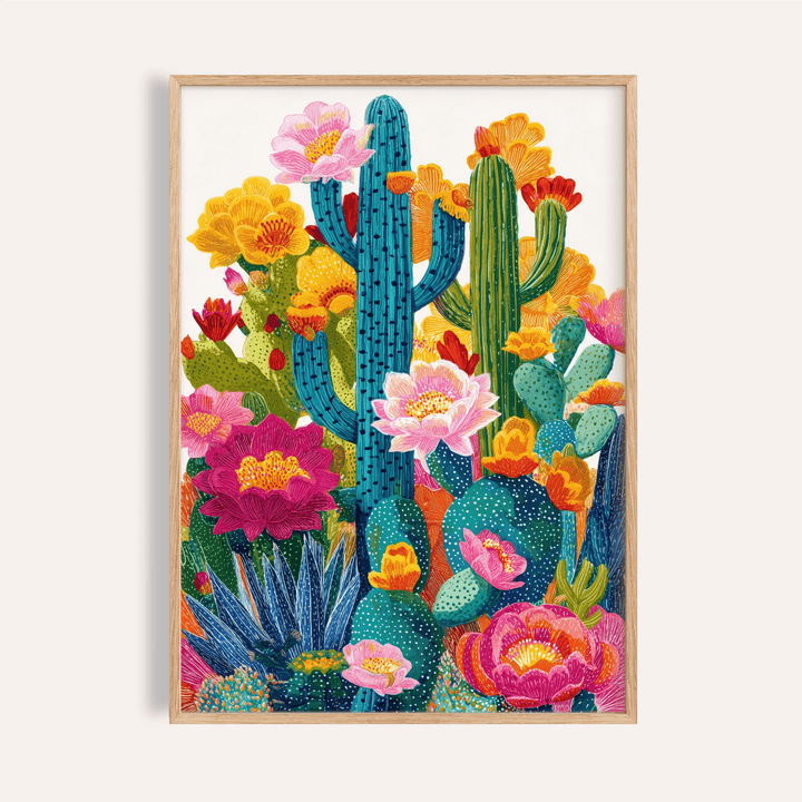 Framed colourful cactus flower art illustration with detailed botanical-illustration style