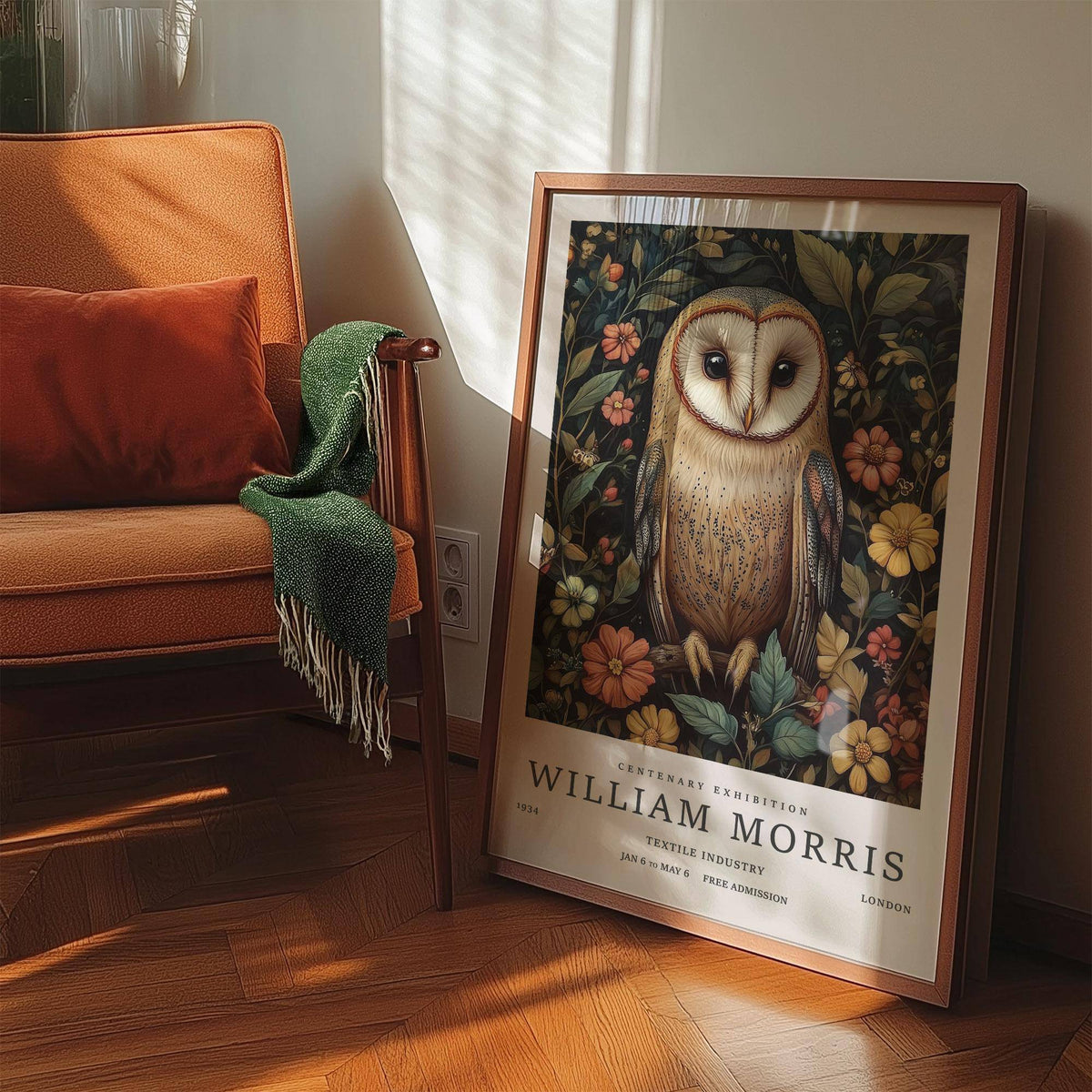 Owl Prints framed print close-up of a barn owl illustration with dark green and orange floral background leaning against a wall near