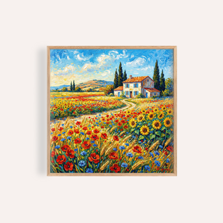 Framed vibrant countryside wall art showing a meadow with wildflowers and a farmhouse in watercolour style