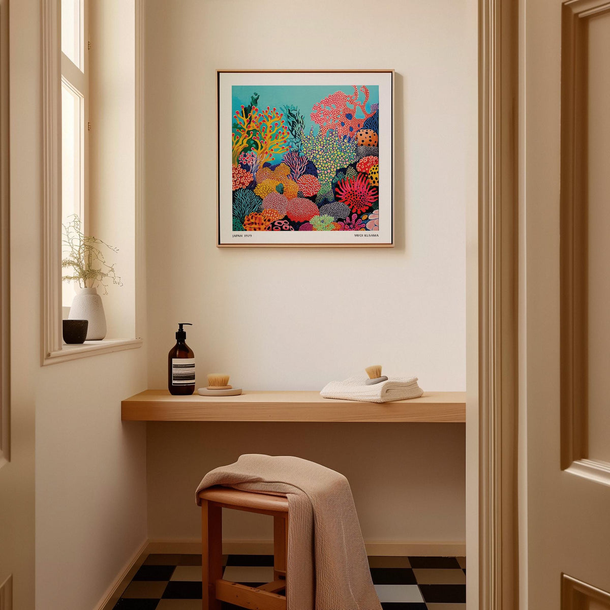 Print on a wall of tropical sea wall art with colourful coral reef on a wall above a wooden shelf