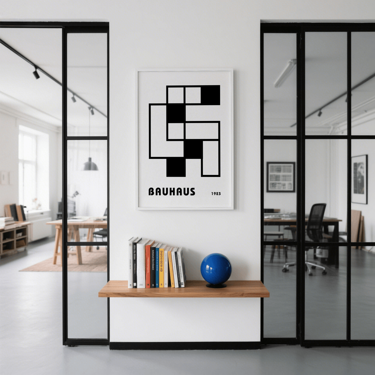 Minimalist Block Art framed print with black and white blocks above a wooden shelf with books and a blue globe