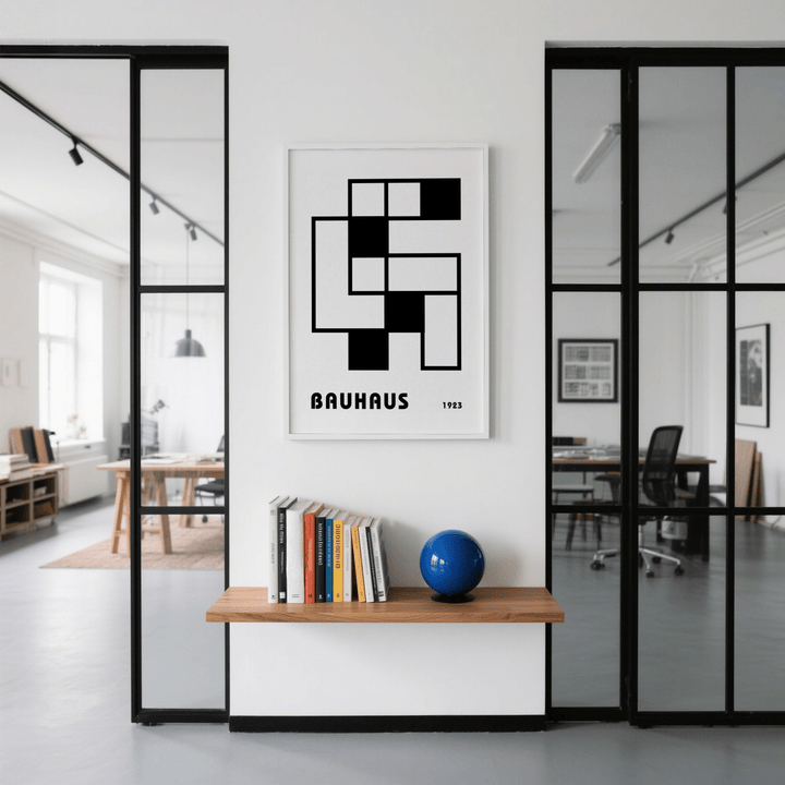 Minimalist Block Art framed print with black and white blocks above a wooden shelf with books and a blue globe