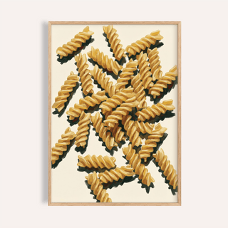 Framed print close-up of Fusilli Pasta Art with yellow pasta shapes and shadows on cream background