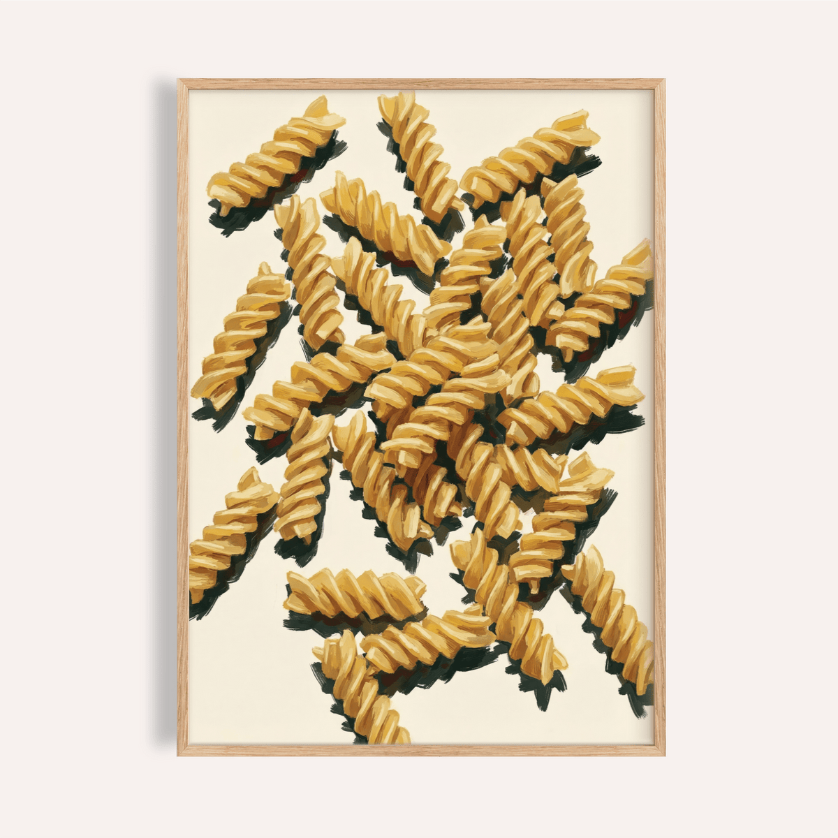Framed print close-up of Fusilli Pasta Art with yellow pasta shapes and shadows on cream background