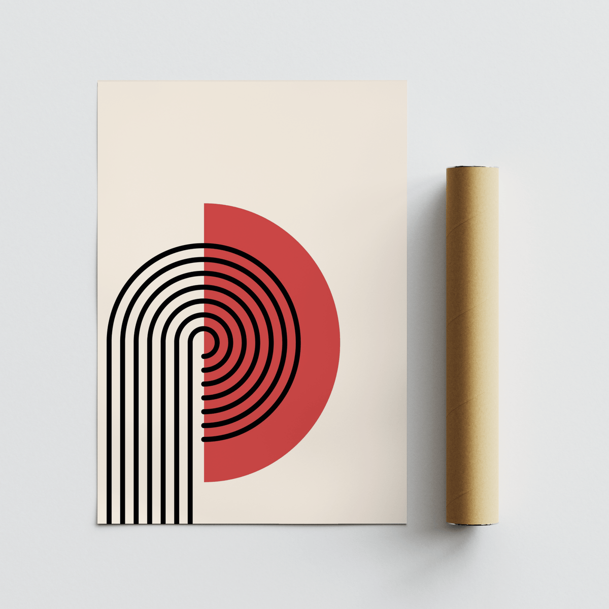 Abstract modern print with black curved lines and red semi circle beside a packaging tube