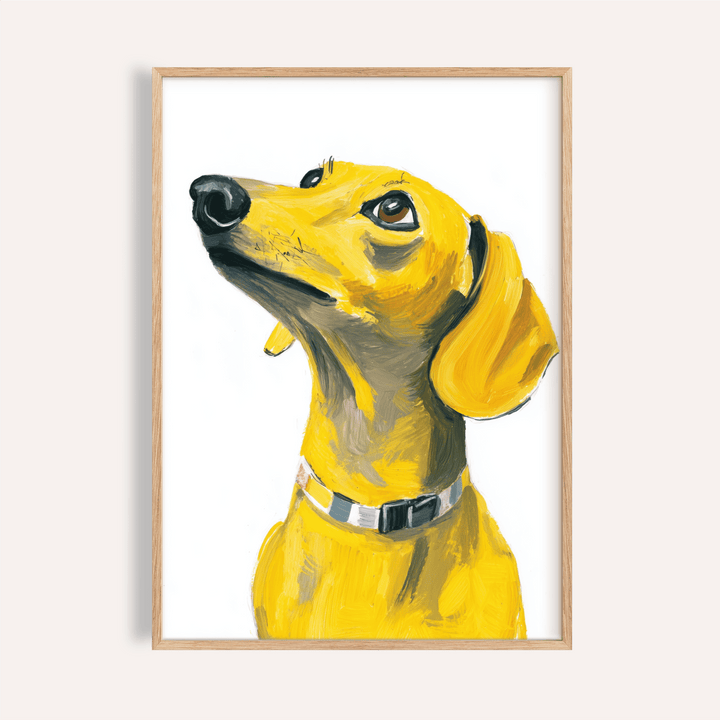 Dachshund dog print showing a yellow dog with a collar in a contemporary style