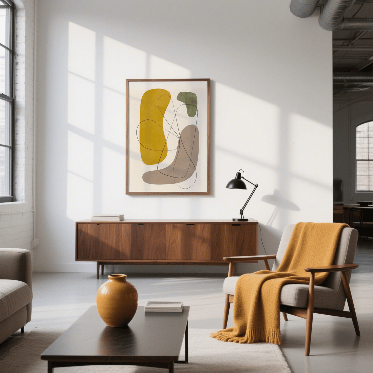 Modern Abstract Wall Art with organic shapes in muted yellow green and beige above a wooden sideboard in a bright living room
