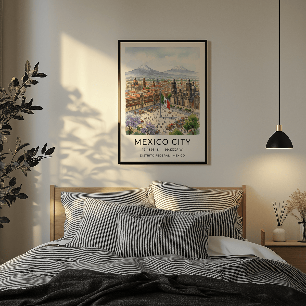 Mexico City art print of city skyline with flag in soft watercolours above a bed