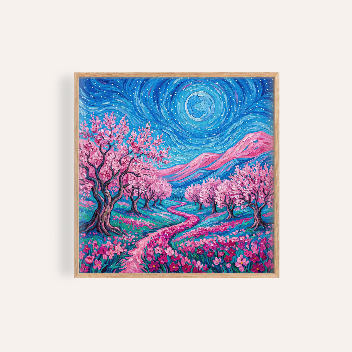 Framed Van Gogh Floral Print with pink cherry trees and a blue starry sky