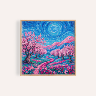 Framed Van Gogh Floral Print with pink cherry trees and a blue starry sky