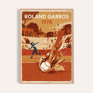 Framed print close-up of a vintage tennis art print featuring a female player serving with brown and orange tones