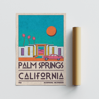 Palm Springs art print showing a modern desert house with a pink car and orange sun alongside packaging tube