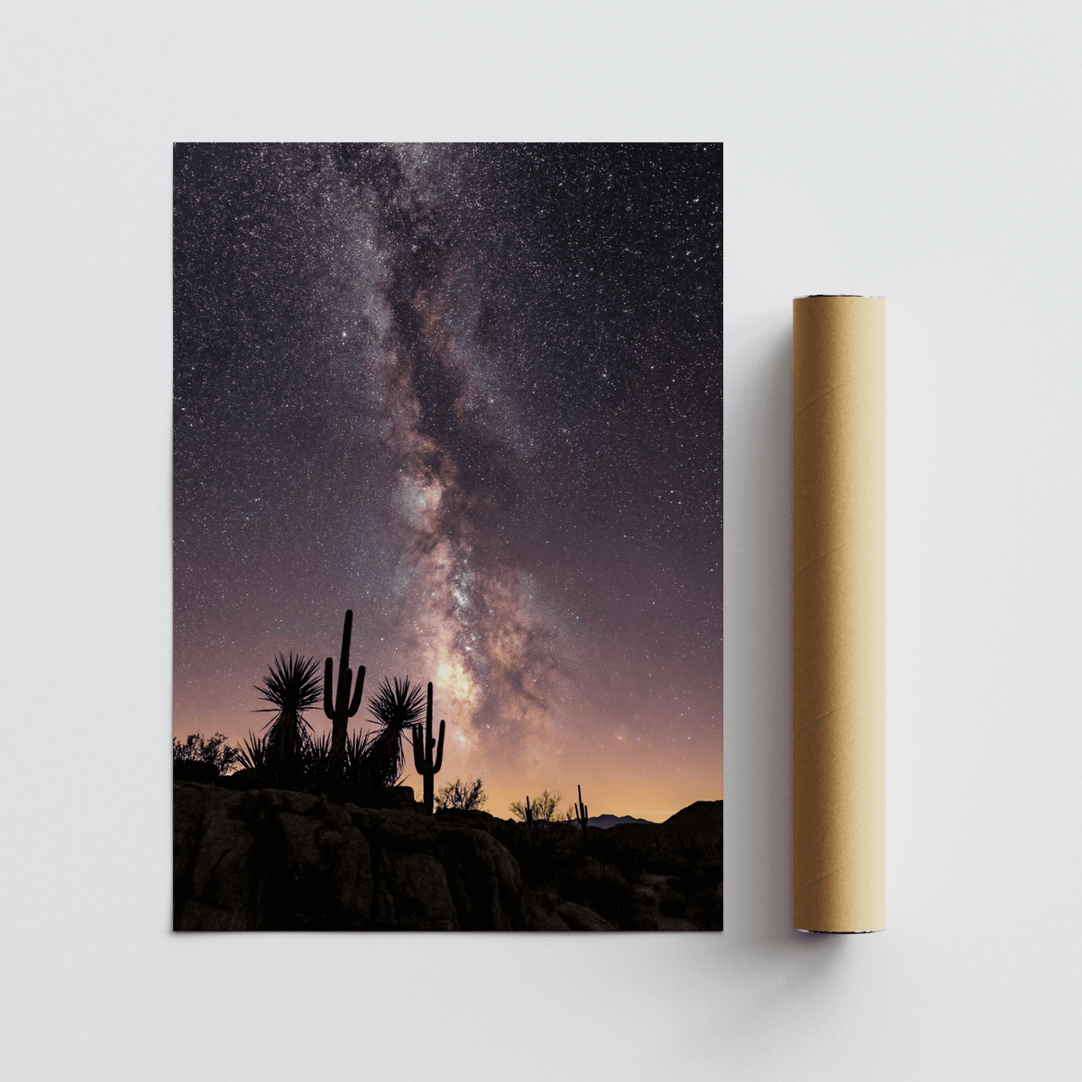 Print of a saguaro cactus night scene with starry sky against a light background alongside a packaging tube