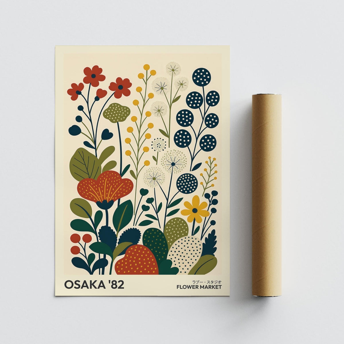 Nature artwork stylised flowers print with red and navy colours alongside a packaging tube