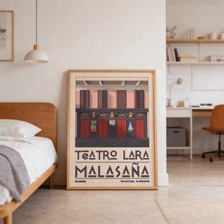 Print leaning on floor of Teatro Lara wall art with red doors and pink upper facade near bed