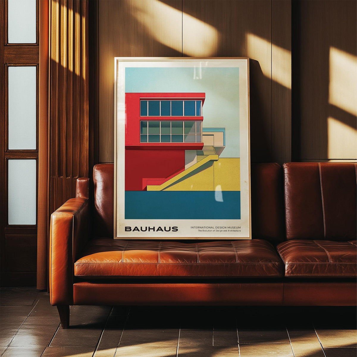 Mid Century Modern Art Prints framed print of a red and yellow bauhaus building leaning on a leather sofa