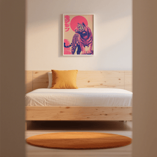 Colourful tiger wall art of a standing tiger in pink and beige above a bed with an orange pillow