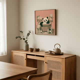 Panda Bath Print hanging above sideboard with teapot and plants in a neutral dining room
