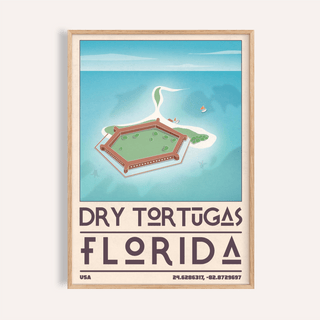 Framed Dry Tortugas National Park print in minimalist style with blue sea and green fort