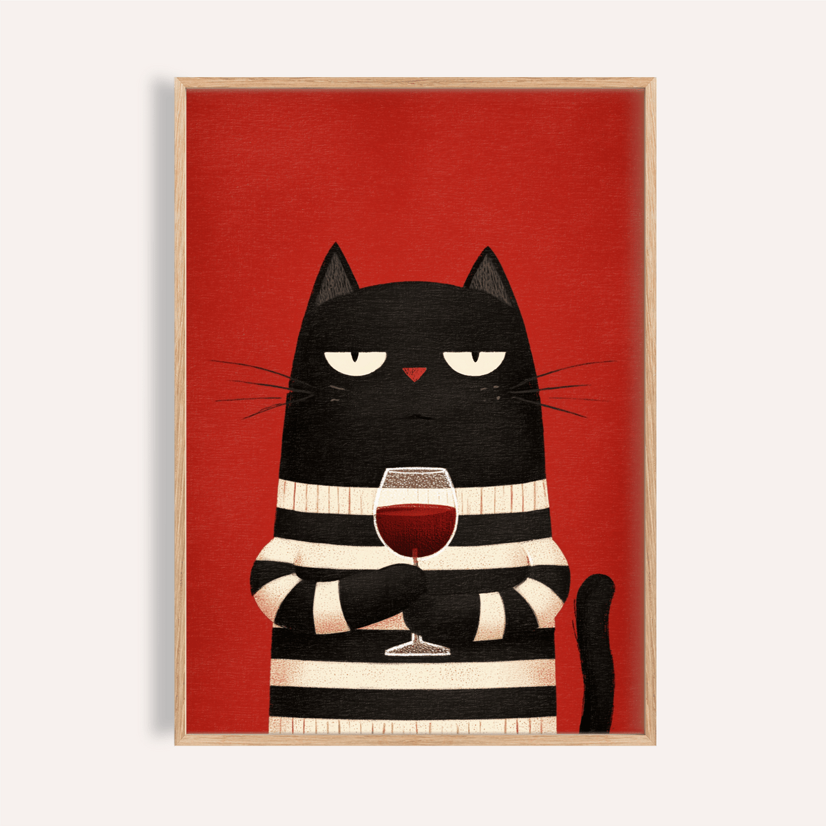 Framed Cat Wine Art with a black cat holding a red wine glass on a red background