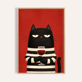 Framed Cat Wine Art with a black cat holding a red wine glass on a red background
