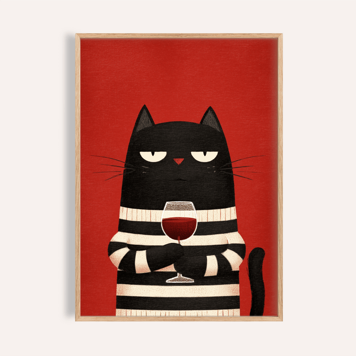 Framed Cat Wine Art with a black cat holding a red wine glass on a red background