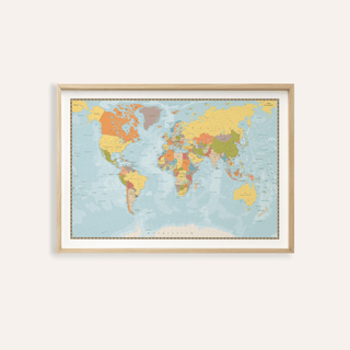 Framed World Map Print with soft colours and minimal illustration style