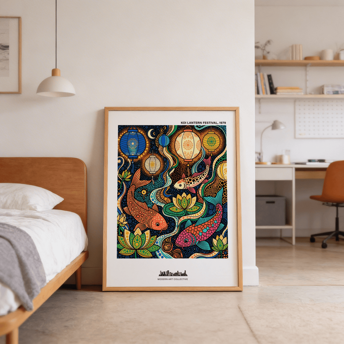 Colorful Koi Fish Poster print leaning on floor beside a bed in a bedroom with neutral tones
