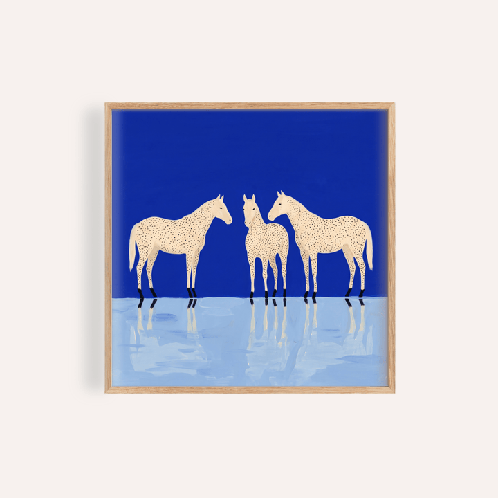 Framed Abstract Horse Poster showing three spotted horses against a blue background