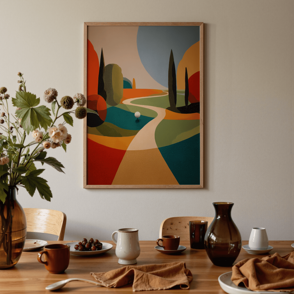 Colourful golfing wall art in an earthy dining room with cups and a vase on the table