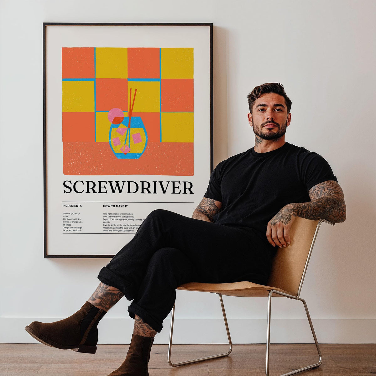 Art Prints Kitchen with screwdriver cocktail illustration print in bright colours above a chair