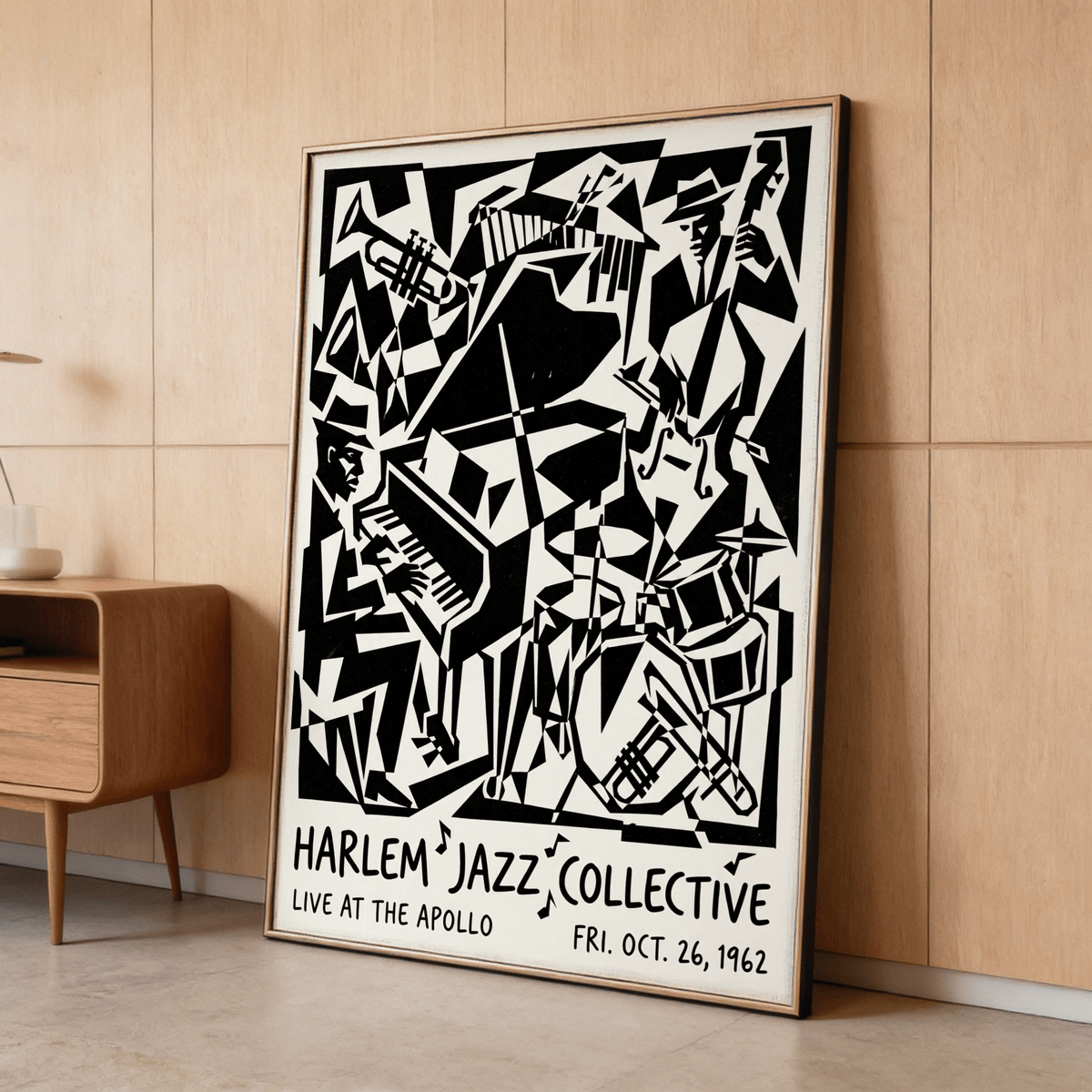 Print leaning with Harlem Jazz Print of abstract black and white jazz band on wooden floor