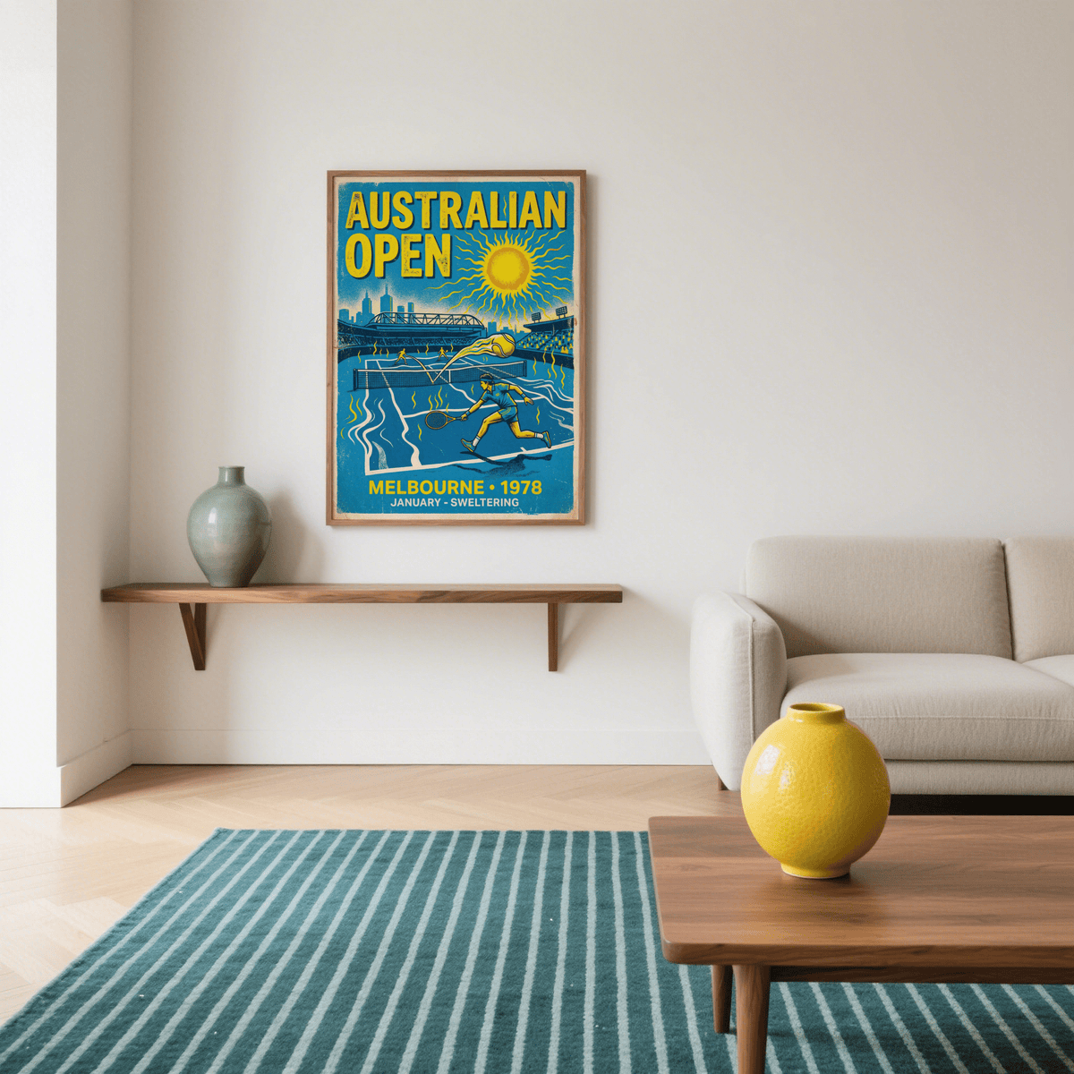 Melbourne Tennis wall art of a retro tennis player serving in blue and yellow hung above a wooden shelf in a living room