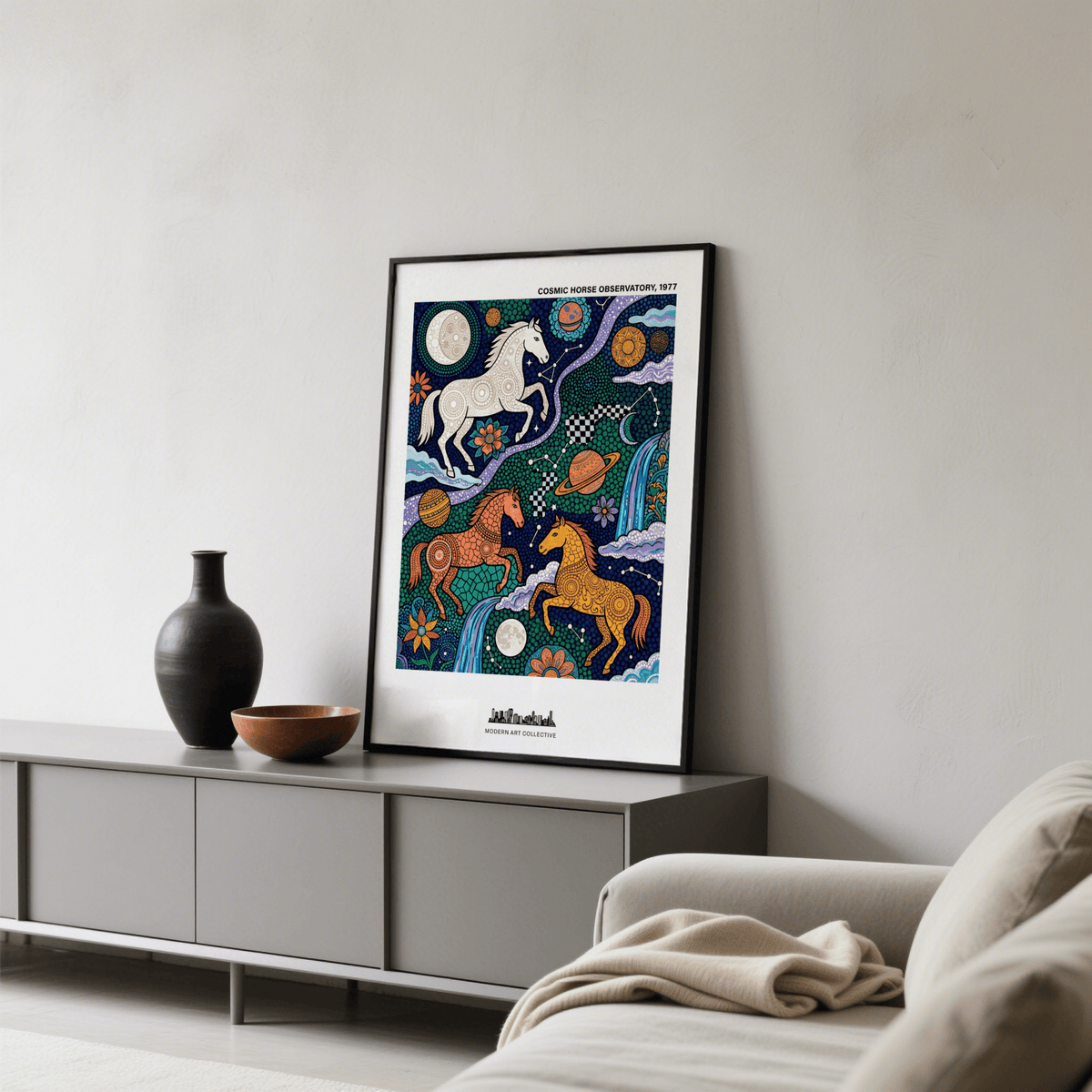 Cosmic Horse Art Print leaning on a grey sideboard with decorative vases in a neutral toned room