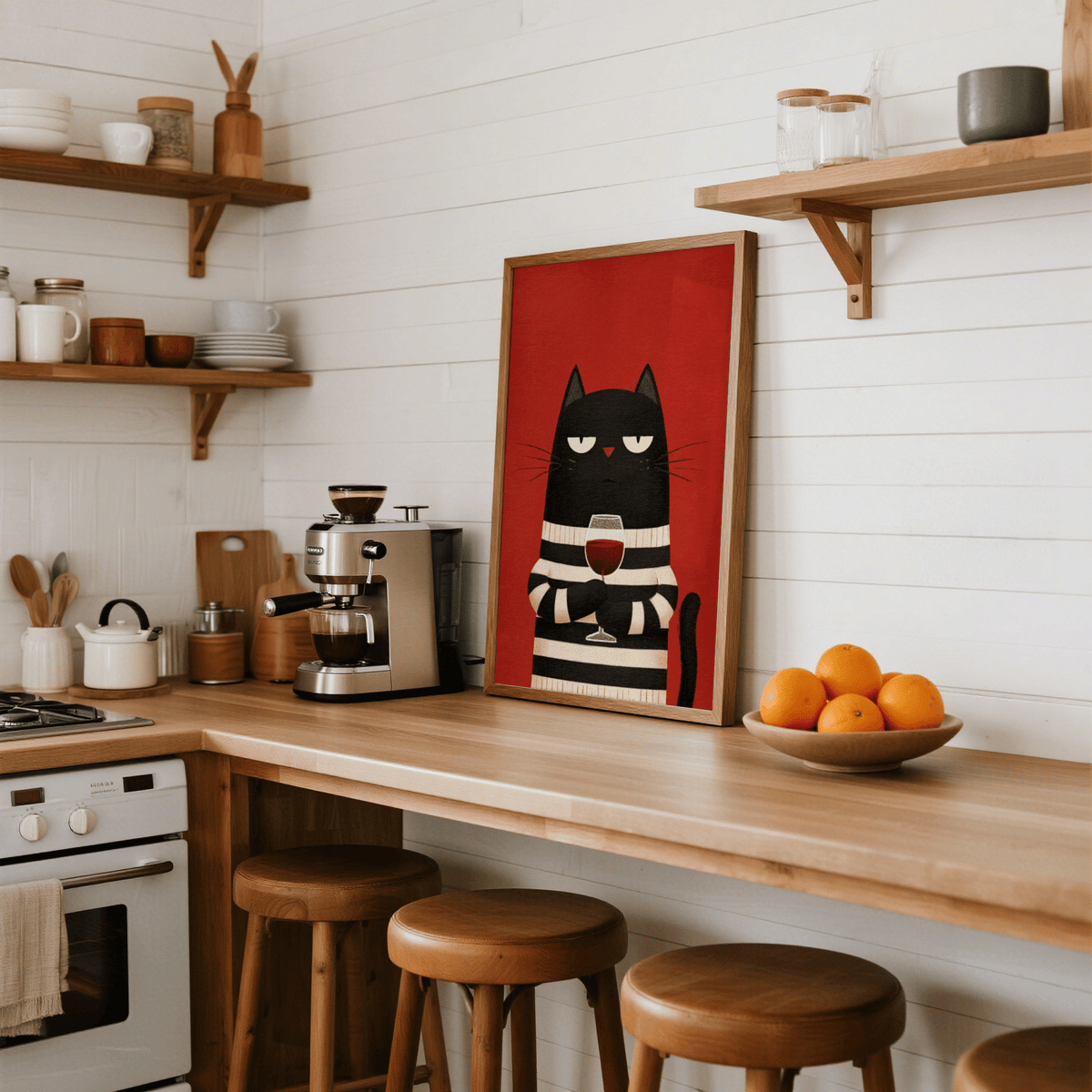 Cat Wine Art print leaning on a kitchen counter with bowl of oranges and coffee machine