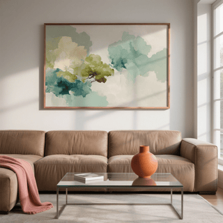 Abstract Tree Art Print framed print close-up of abstract watercolour tree foliage in green and blue above a brown sofa