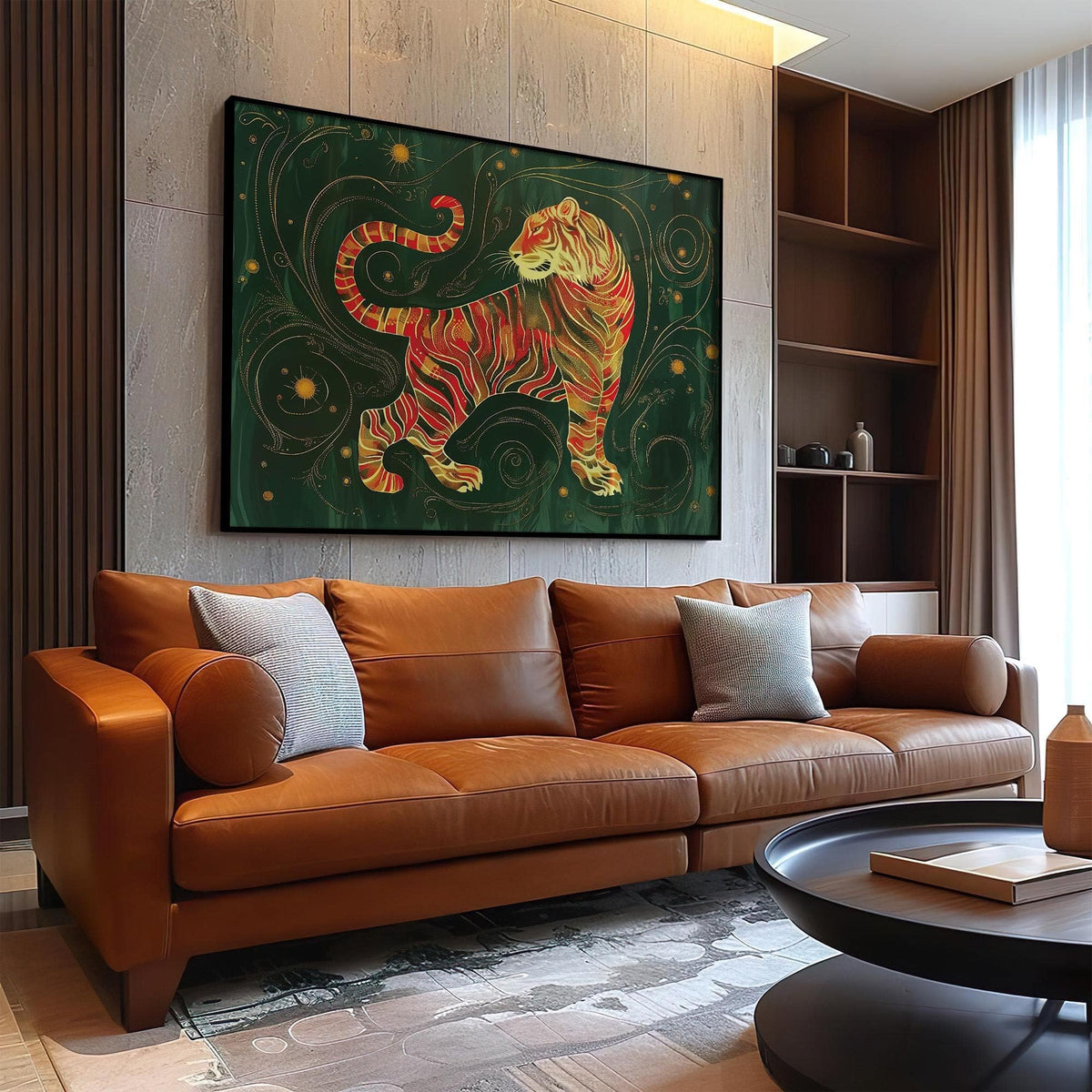 Framed print of golden tiger illustration in green and orange above a brown leather sofa