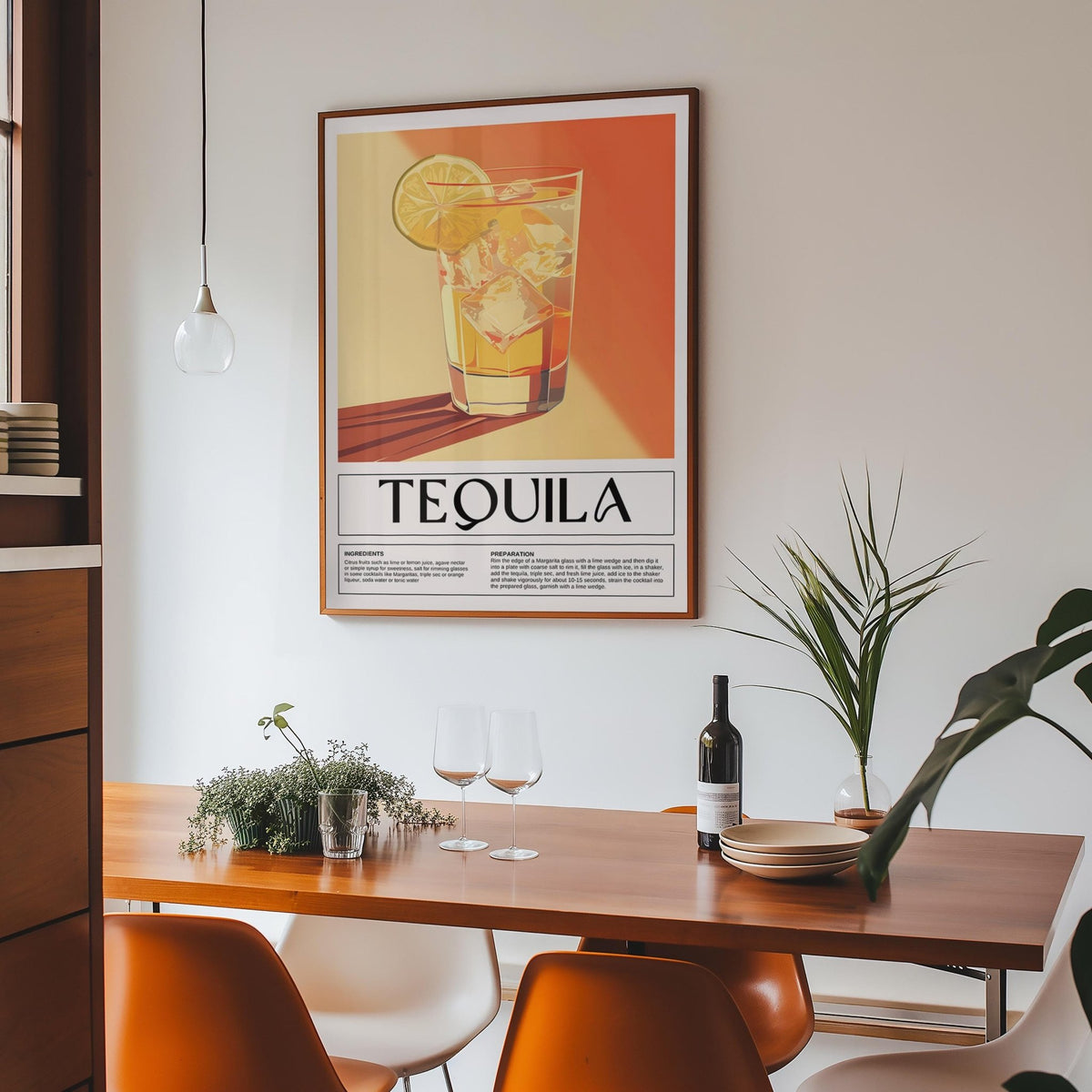 Home Bar Wall Decor print of a tequila cocktail with lime in orange and yellow hues in a dining area with wine bottle