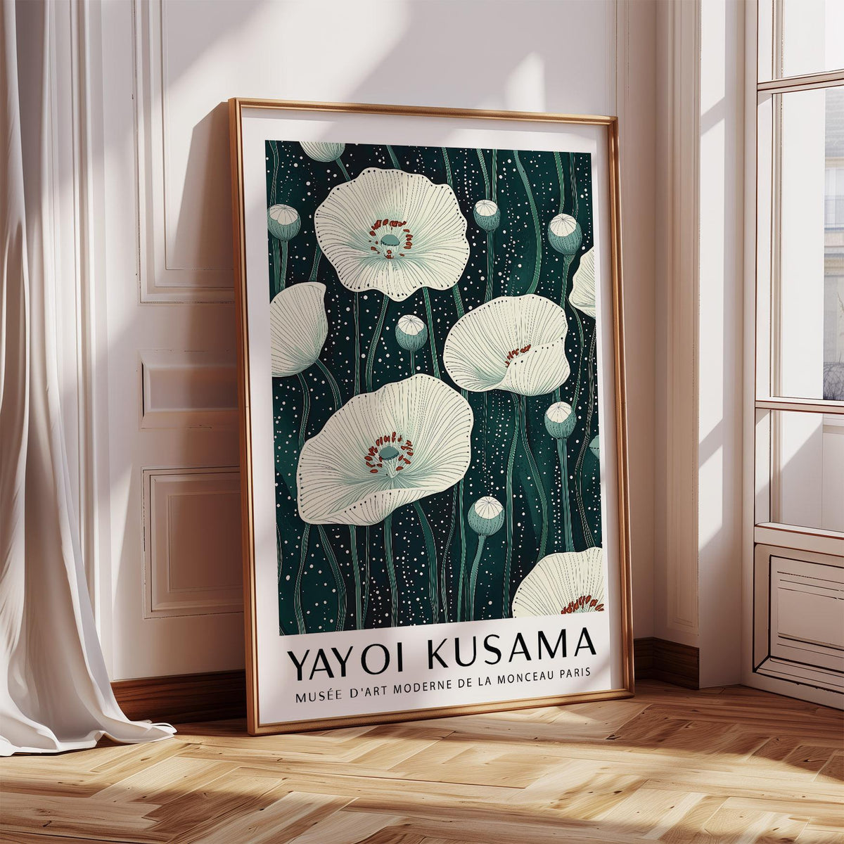 Poppy Prints framed print leaning on floor with white poppies and dark green stems in a bright room with curtains