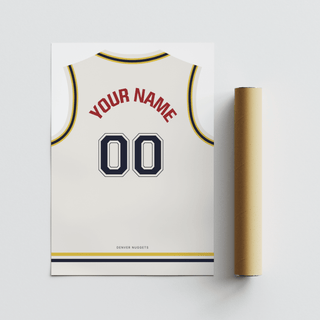 Basketball Jersey Poster in White with Yellow and Navy Trim laid flat next to a packaging tube