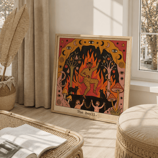 Print on a floor of The Devil Tarot Card Art of a dancing devil with flames in folk-art style in warm tones