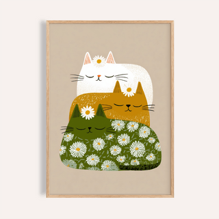 Sleeping Cats Art Print of three minimalist sleeping cats with daisies on a beige background