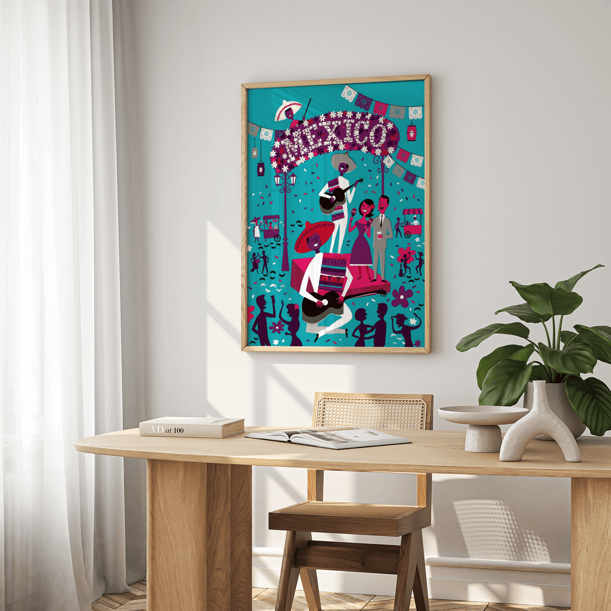 Mexican Fiesta wall art illustrating a folk-art style scene with bright teal background hung above a dining table