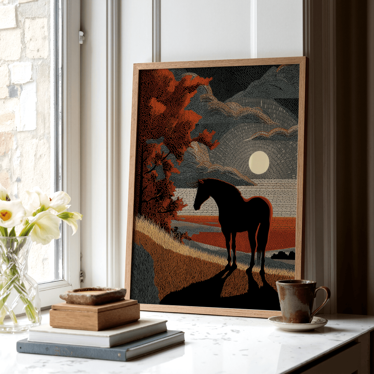 Print of horse silhouette art with rust and grey tones leaning on a windowsill next to a stack of books and a cup